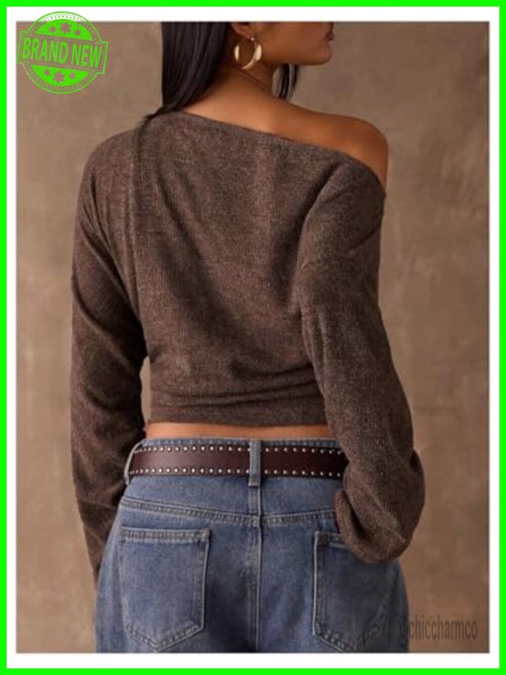 Off Shoulder Crop Top Drawstring Ruched Long Sleeve Ribbed Tee - Picture 3 of 5